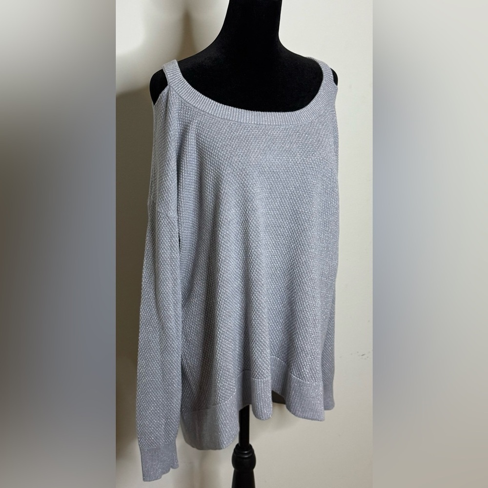 Michael Kors gray silver sparkle peek a boo shoulder split hem sweater XL EUC - Picture 7 of 8